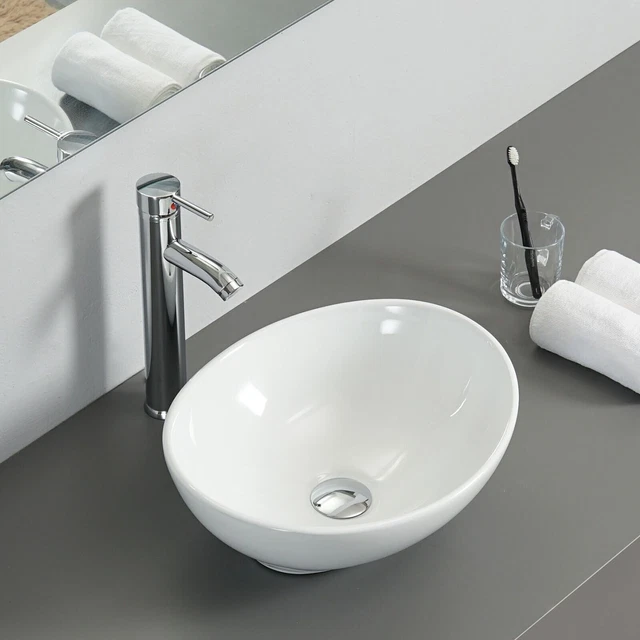 Keramik Waschbecken Oval 40x33cm - Weißes Aufsatzwaschbecken Für Badezimmer