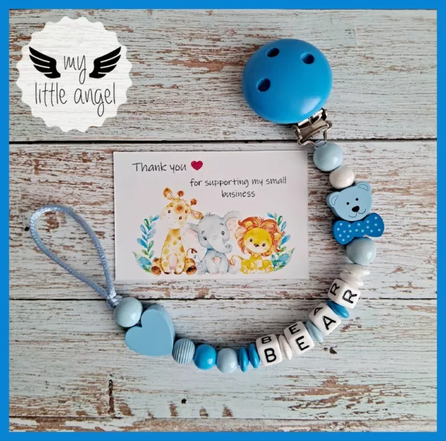 Personalised Wooden Dummy Clip BEAR 🐻 Girl/Boy 💙 Pink/Blue/Grey Pacifier MAM