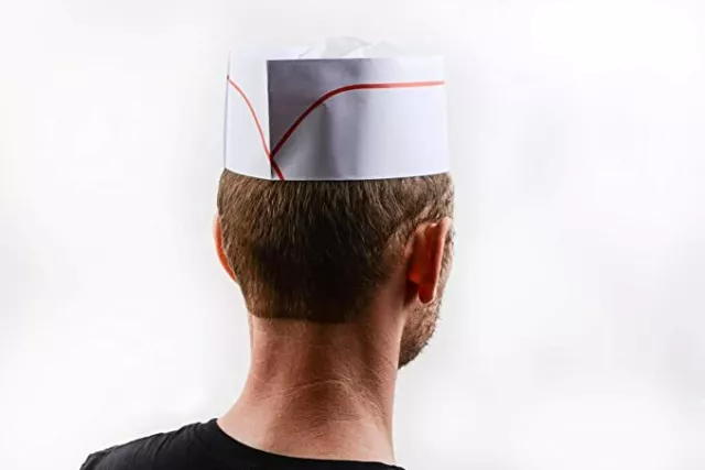 100 Pack Chef Hat's Disposable White Paper One Size Fits All Cap With Red Stripe