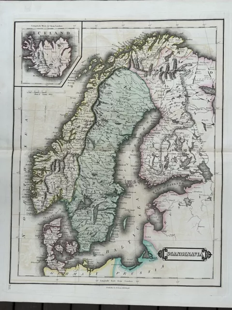 1828 Scandinavia by Daniel Lizars Large Hand Coloured Antique Map