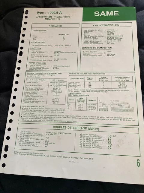 FICHE TECHNIQUE RTMA Moteur SAME 1000.6-A  monté sur TRACTEUR ANTARES 110