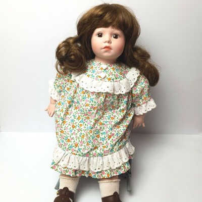 Porcelain Doll Brunette Girl Flower Dress with Chair 43cm