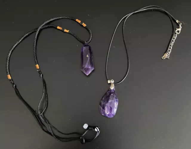 2 Purple Amethyst Necklaces Hexagon Point & Oval Teardrop Cord Rope Chains