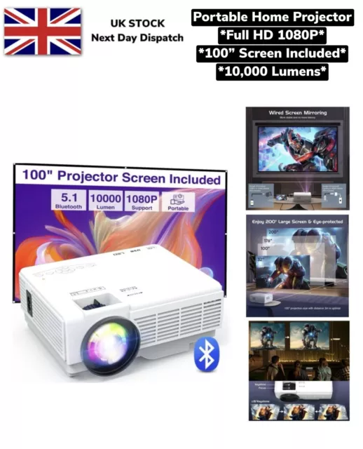 Mini Projector Portable with Screen Bluetooth Full HD 1080P 10,000 Lumens New UK