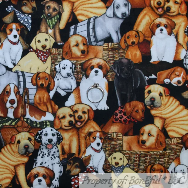 BonEful Fabric FQ Cotton Quilt Brown Black White Dog Breed Lab Pug Rescue Puppy