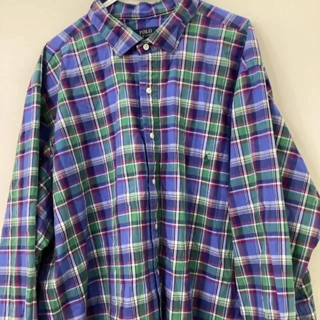 Polo Ralph Lauren Shirt Mens 4XB Madras Plaid Button Up Purple Blue Long Sleeve