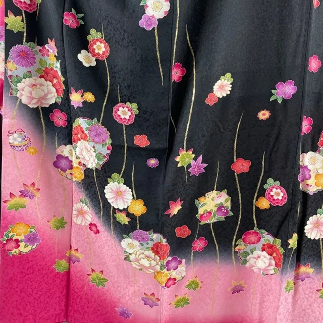 Woman Japanese Kimono Furisode Silk Flower Circle Embroidery Gold Foil Black 7