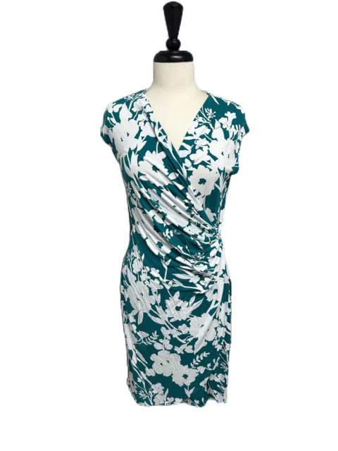 Tommy Bahama Floral Dress Sz Medium Green White Faux Wrap Midi Cap Sleeve