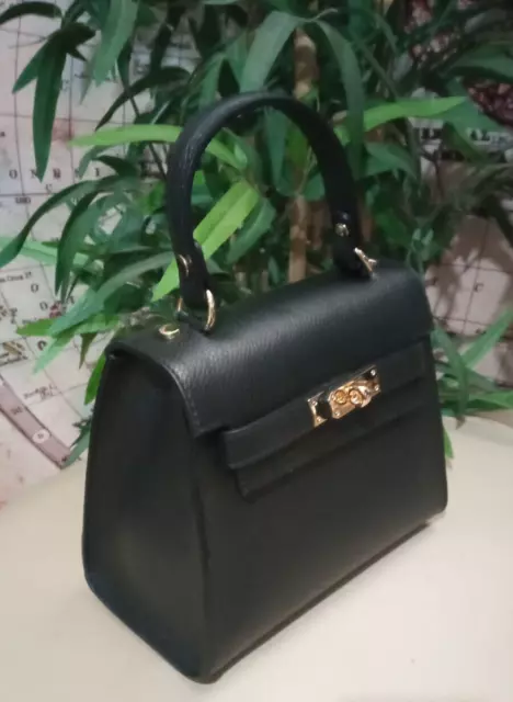 Mini borsa bag chic tipo Kelly vera pelle nera donna mano tracolla Made Italy 3