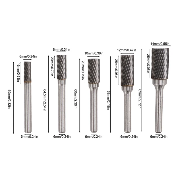 5Pcs Carbide Burr Set Single Cut Files With 6mm/0.25in Shank For Engravi