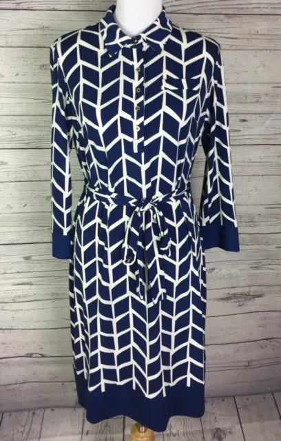 Donna Morgan Blue White Geo Print Button 3/4 Sleeve Belted Shirt Dress Size 8