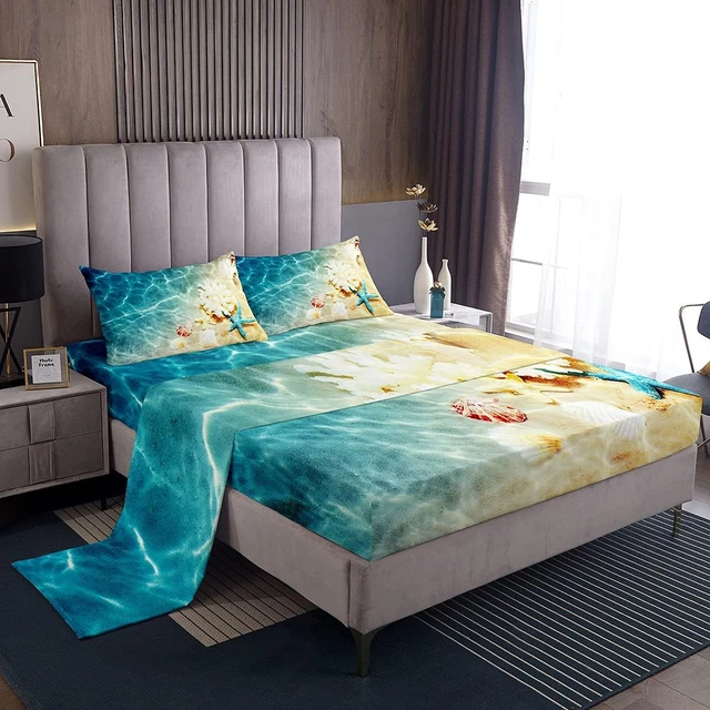 Ocean Bed Sheets Set Queen Beach Fitted Sheets Coastal Nature Theme Pattern Teal