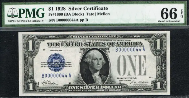 LOW DIGITS SN: B00000044A. $1 1928  Silver Certificate.  BA Block. PMG 66 EPQ.