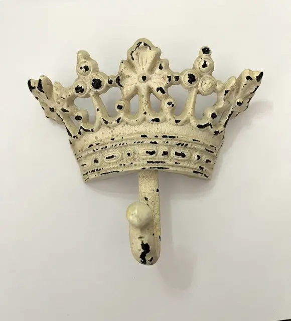 Vintage Off White Shabby Chic Cast Iron Royalty Crown Coat Towel Wall Hook