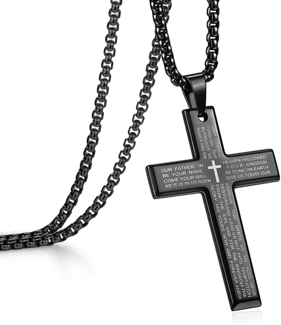 MEN CROSS NECKLACE Stainless Steel Lords Prayer Bible Pendant Chain
