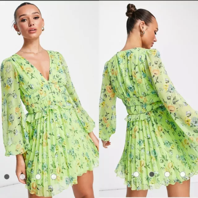 ASOS DESIGN Button Through Ruched Waist Pleated Mini Dress in Green Floral Print