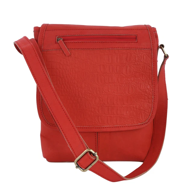 Dark Red Genuine Leather Croc Embossed Crossbody Bag with Adjustable Strap