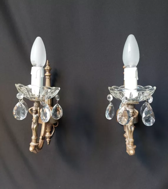 Vintage Antique Pair of French  Brass Crystal 1 Light Sconces Wall Lights