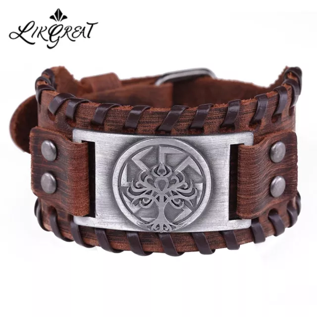 Viking Tree of Life Wheel Charm Bracelet Male Pagan Talisman Wristband Cuff