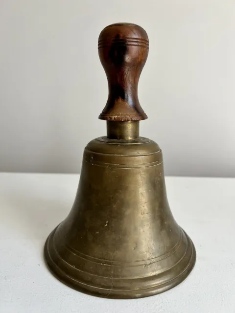 Antique Brass Bell LOUD, Heavy Hand School Wood Handle 8” H, 5.6” Diameter