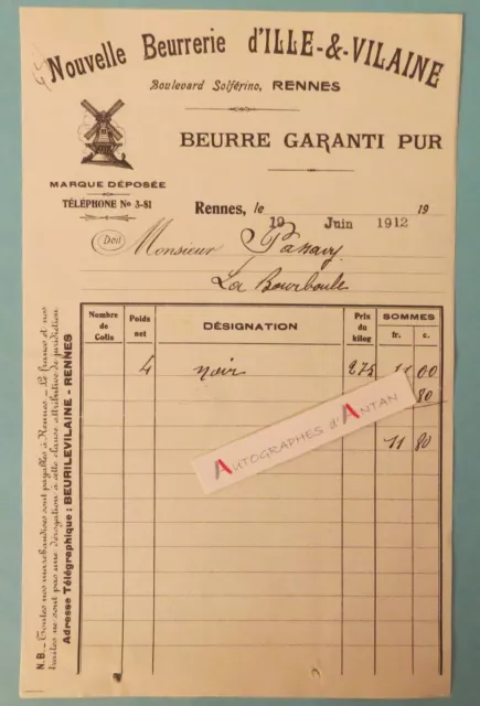 Facture 1912 Beurrerie d'Ille & Vilaine Rennes bd Solférino Passavy la Bourboule