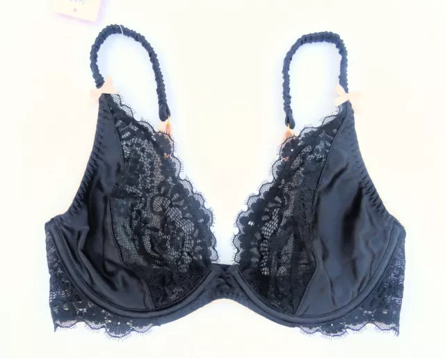 M&S BOUTIQUE SATIN & LACE UNDERWIRED, Padded PLUNGE Bra In BLACK Size 28D