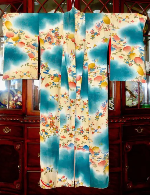 Antique Japanese Houmongi 訪問着 Semi-Formal Kimono Hand Made Floral Yuzen Silk