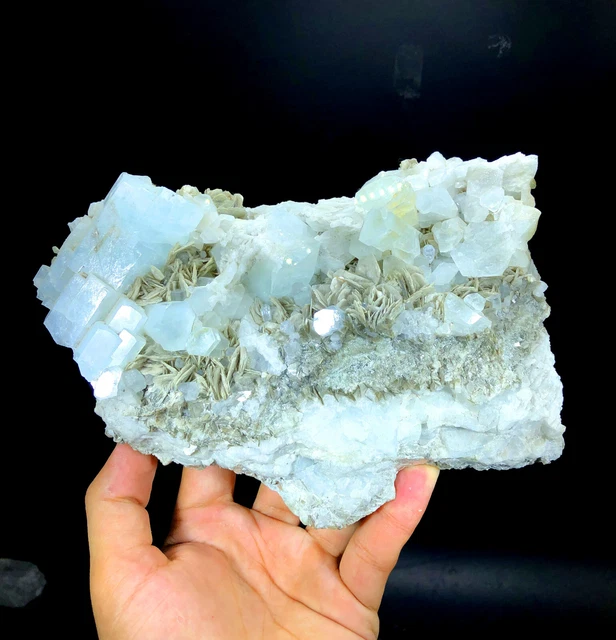 Blue Aquamarine Crystals Cluster with Muscovite Mica Mica Mineral Specimen