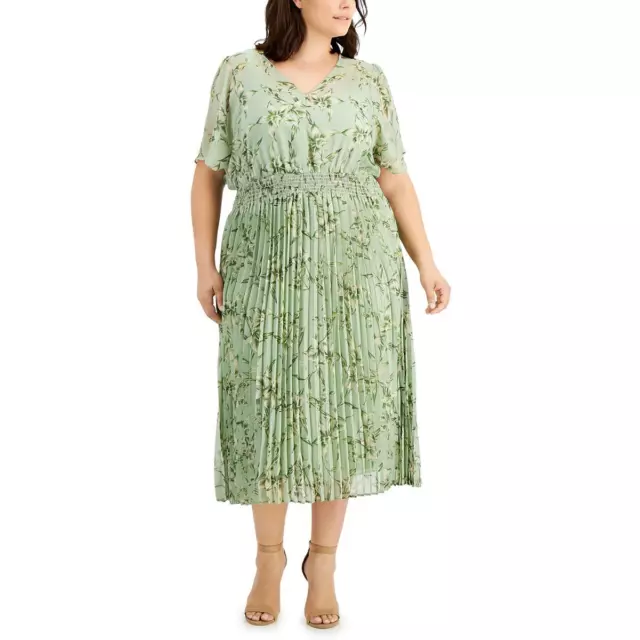Taylor Womens Green Floral Printed Calf Pleated Midi Dress Plus 18W BHFO 6530