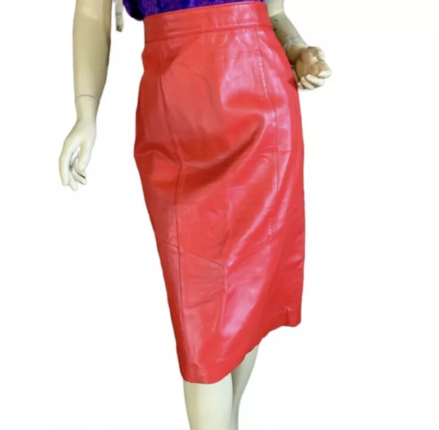 Vintage Circa 1990'S Wilsons Red Leather Midi Skirt Size 14