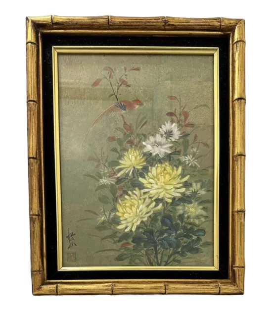 Vintage Asian Watercolor Painting Art Floral and With A Red Bird Framed Bamboo 2