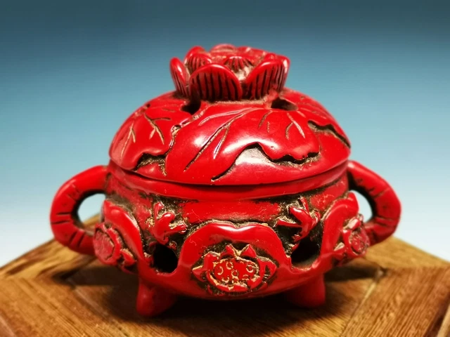Chinese Collection Amazing Red Coral Hand Carved Lotus Incense Burner Piece R21