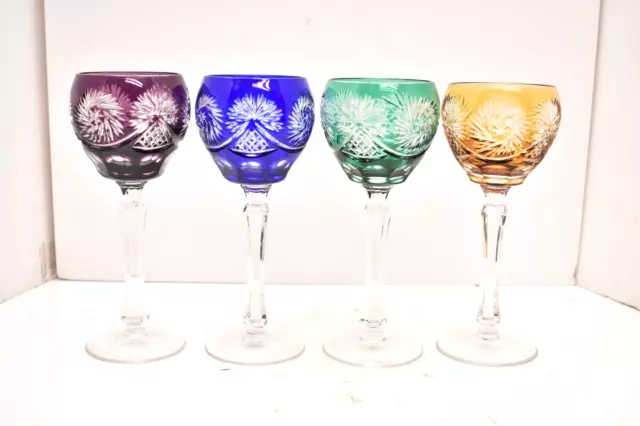Vintage Purple Bohemian Cut To Clear Crystal Wine Glasses. Set of 4.