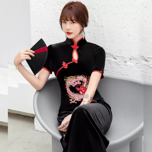 Donna Velluto Cheongsam Qipao Abito Ricamato Cinese Dragon Rétro Hanfu Ragazza