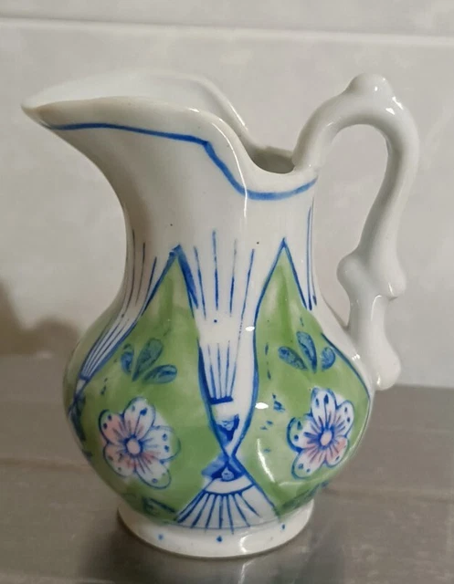 Brocca In Ceramica Alta 10 Cm Stupenda Verde E Blu Vintage Decorata A Mano