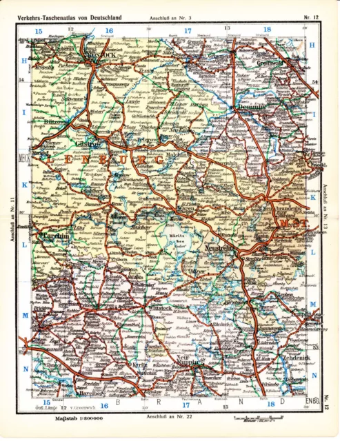 Rostock Demmin Greifswald Wittstock 1935 Verkehrs-Karte Güstrow Parchim Waren