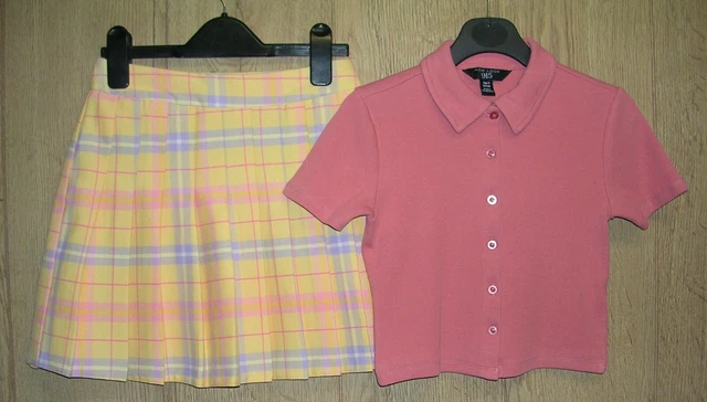 NEW LOOK Girls Pink Shirt Top Yellow Tartan Skirt Outfit Age 9 134cm Immaculate
