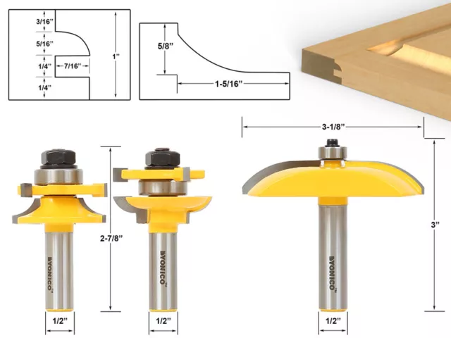 Round Over 3 Bit Cabinet Door Router Bit Set - 1/2" Shank - Yonico 12339