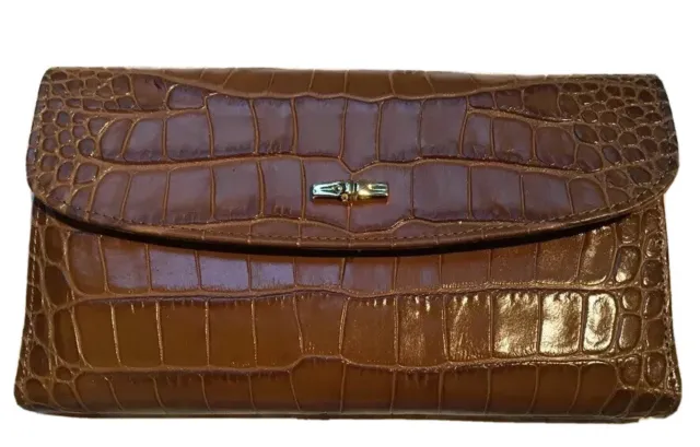 LONGCHAMP Walnut Brown Croc Embossed Leather Wallet 100% Auth France $288