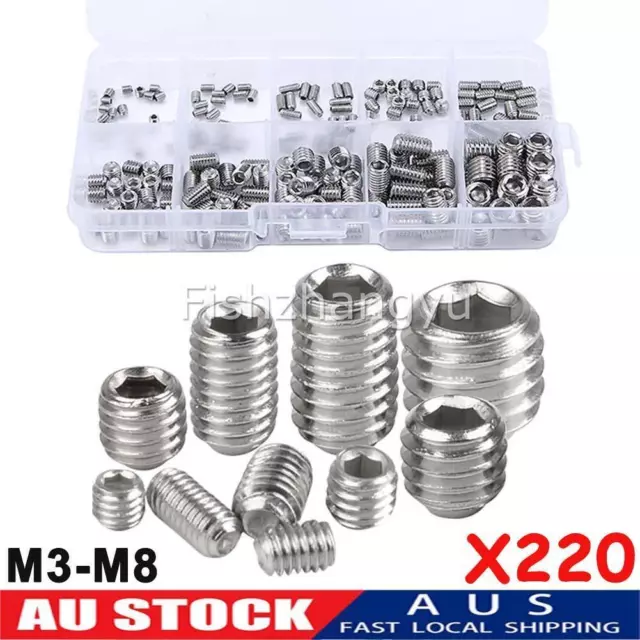 Stainless Steel Allen Head Socket Set 220 PCS Grub Screws Assortment Kit NEW AU