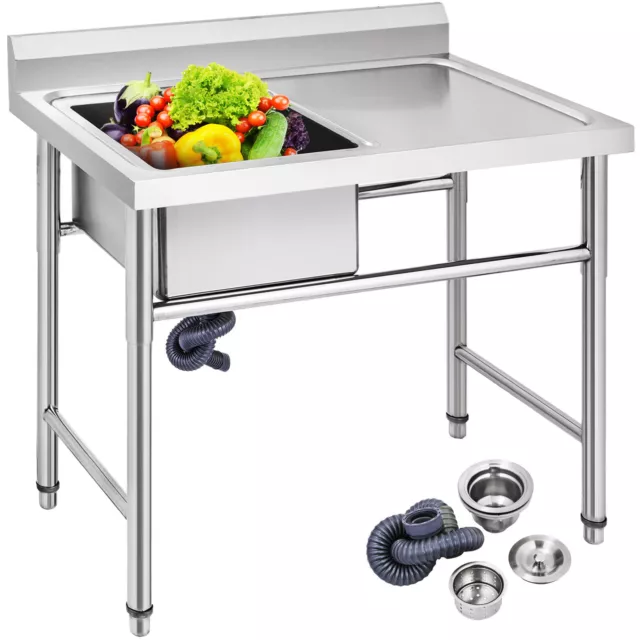 VEVOR Commercial Kitchen Wash Table Stainless Steel Sink Single Bowl Waste Kit