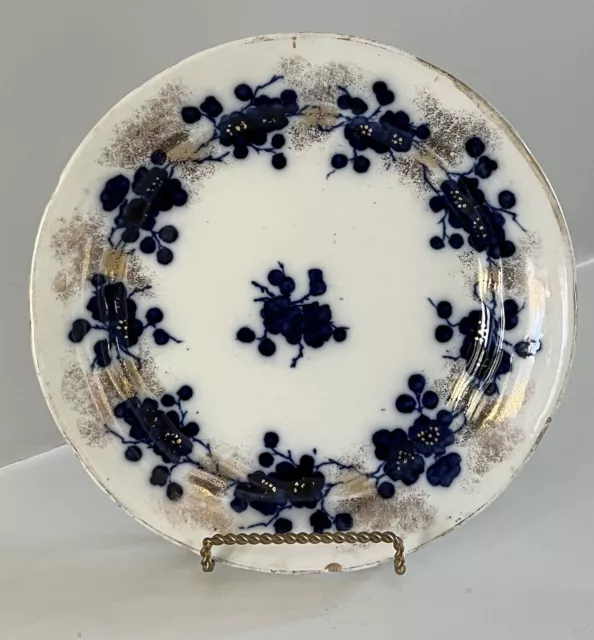 Sampson Hancock "Blossoms" Flow Blue & Gold Plate