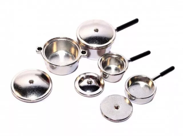 dolls house Pots Pans Metal Chrome Lidded Set X 4 1/12th Scale (f)