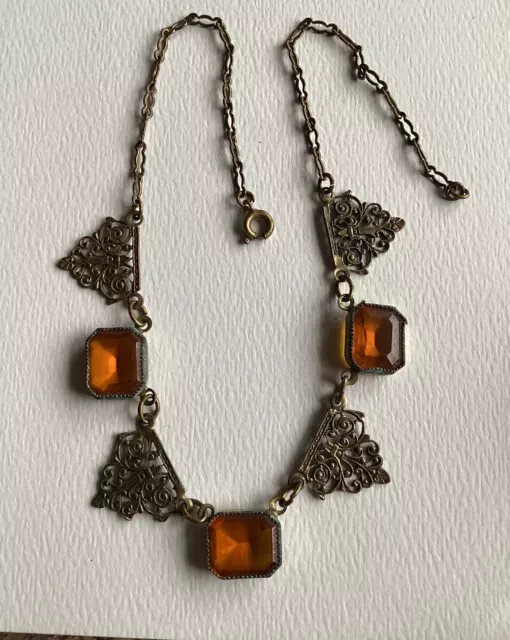 Antique ART DECO Amber Czech Glass Necklace Vintage 1920s Flapper Jewelry Chain