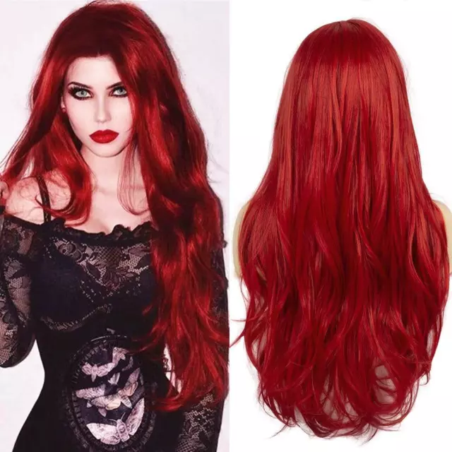 Womens Ladie Red Long Wavy Curly Fancy Dress Cosplay Wigs Pop Party Costume Full