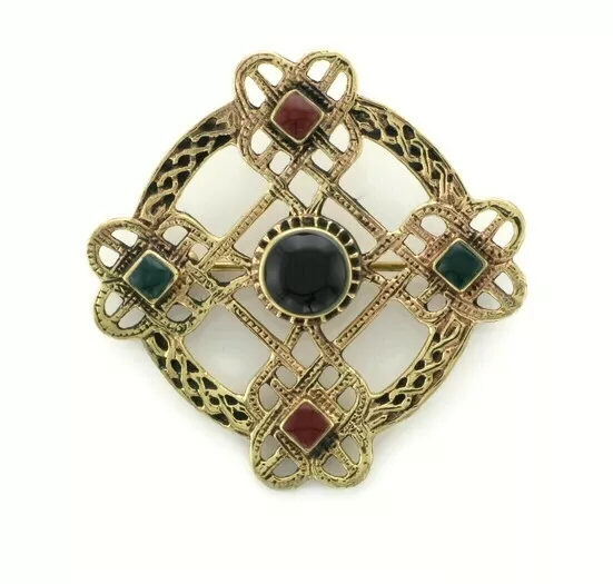 Irish Bronze Celtic Cross  brooch with green and black and carnelian stones