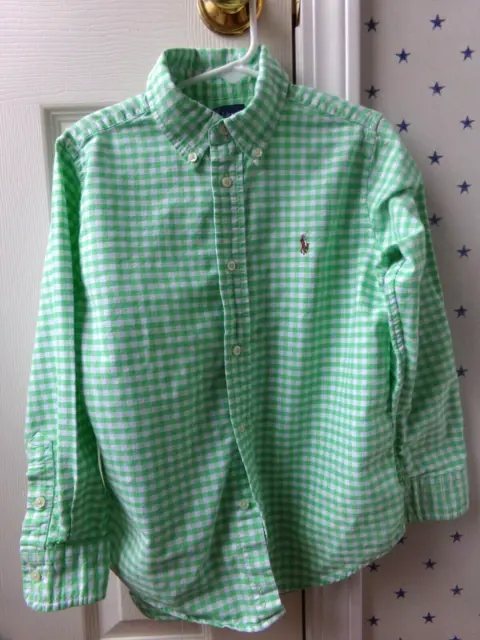 $55 Boys RALPH LAUREN Green POLO Logo Gingham Plaid Button Up Dress Shirt Size 6