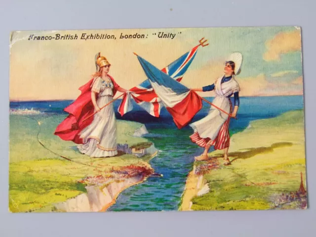 Postcard, Franco British Exhibition, Patriotic Flags Unity