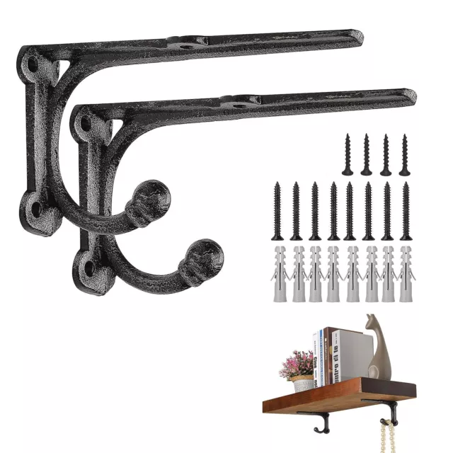 Rustic Shelf Brackets & Supports, Black Shelf Bracket with Hook, Cast Iron Wa...