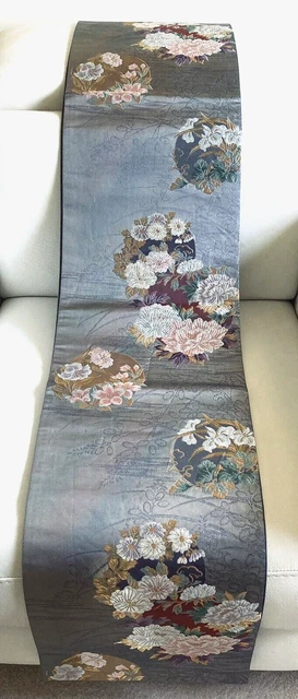 Fab Vintage Giapponese Grigio Lucentezza Seta ""Rotondini Floreali"" Completo Fukuro-Obi 4 Kimono